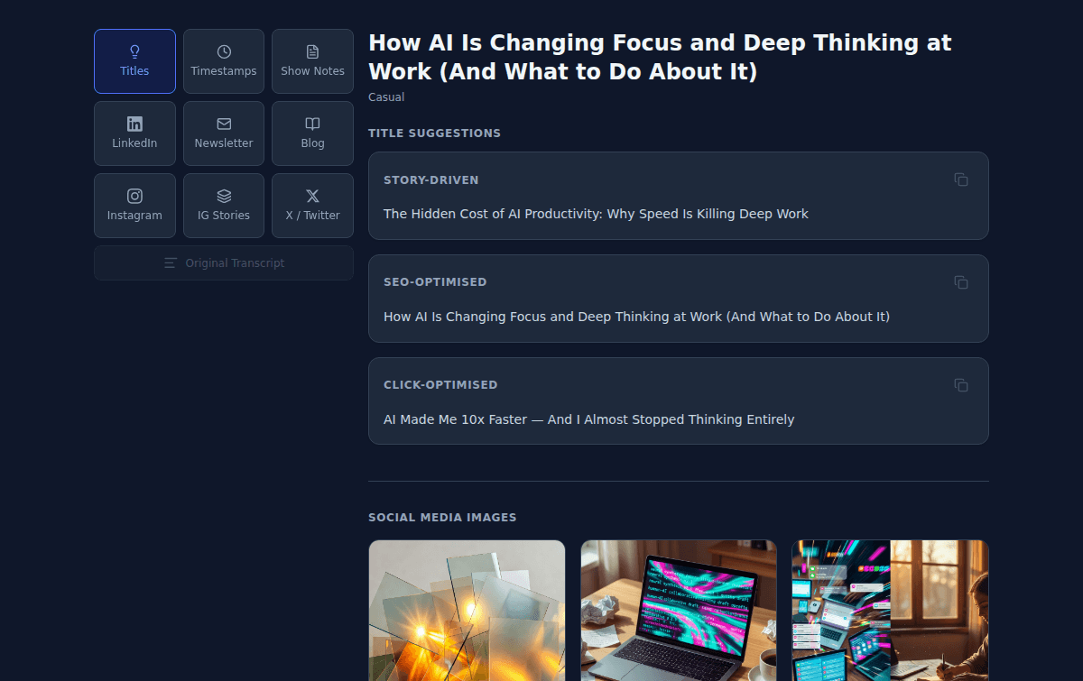 podrecast app — titles, social posts, and AI images generated from one episode
